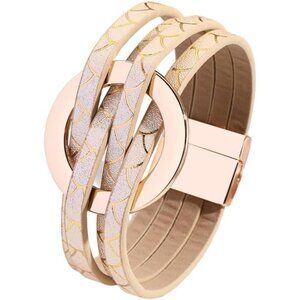 Gold Charm Leather Wrap Strand Bracelet Handmade Cuff Bracelets for Women